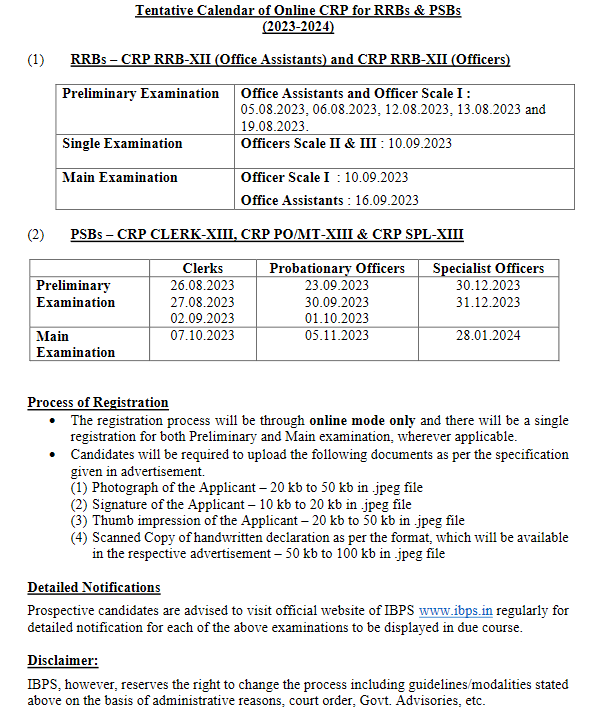 IBPS Tentative Calendar of Online CRP for RRBs & PSBs 2023 2024