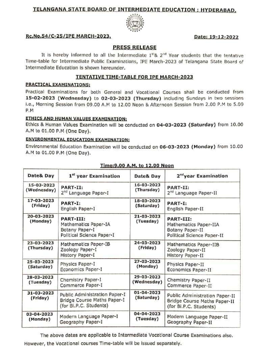 Download Telangana Intermediate Date Sheet And Time Table 2023 