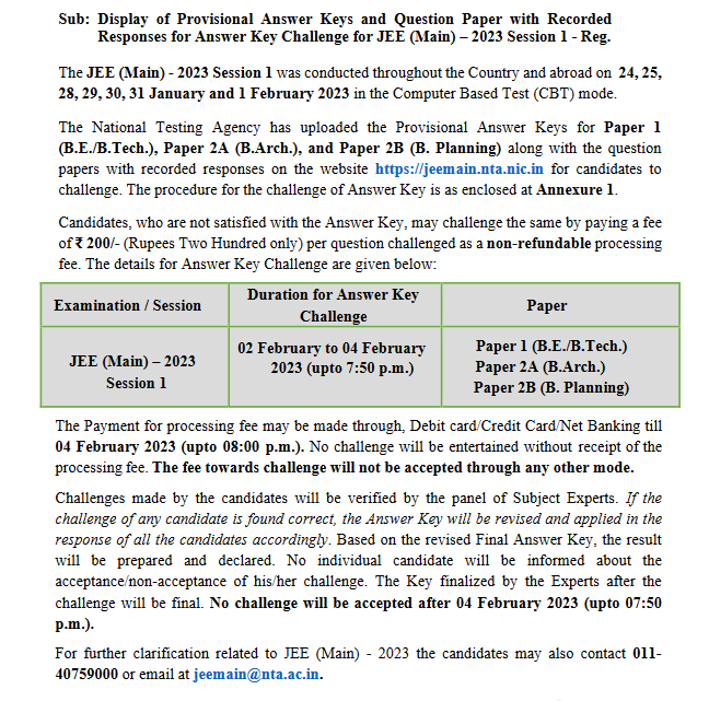Procedure JEE Main Answer Key Challenge Session-1 2023 B.E./B.Tech. B ...