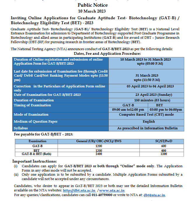 Online Applications For Graduate Aptitude Test- Biotechnology (GAT-B ...