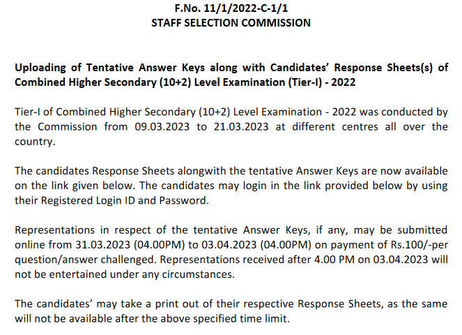 Ssc Chs 10 2 Level Exam Tier I 2022 Tentative Answer Keys Along With Candidates Response