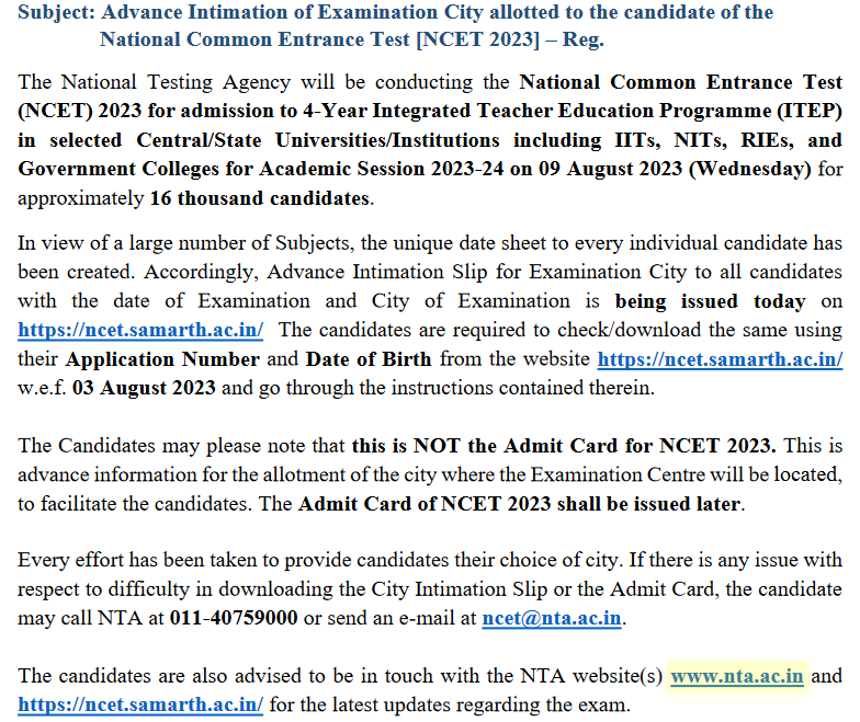 NTA Advance Intimation Of Examination City Allotted To The Candidate Of ...